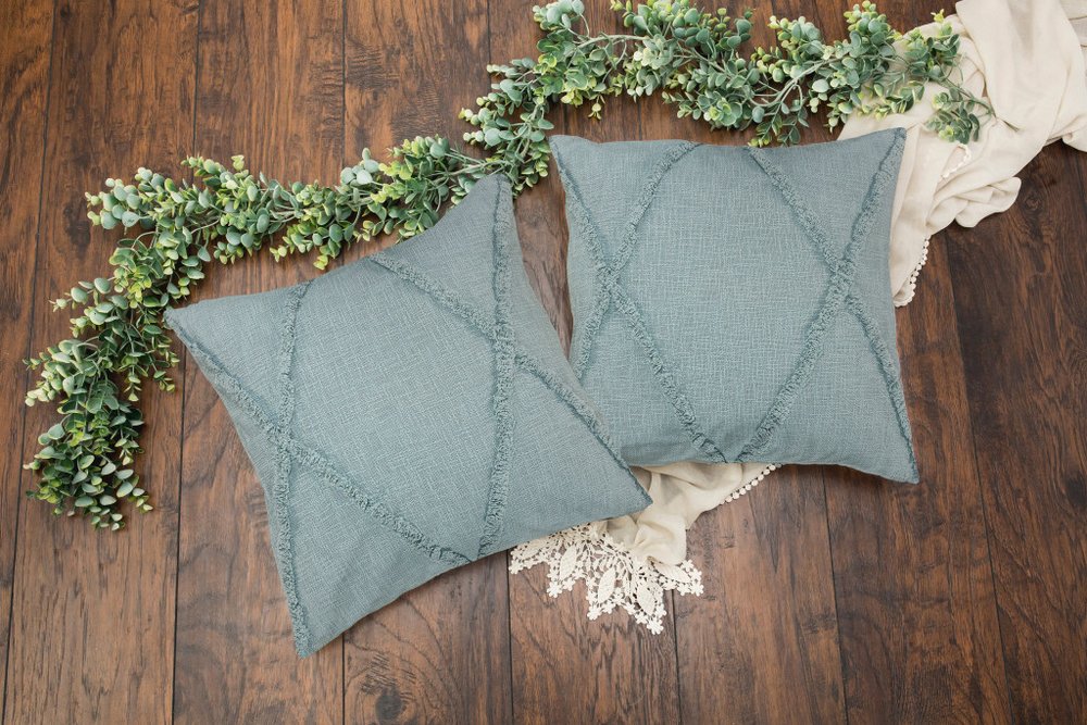 Set of Two Blue Diamond Cotton Throw Pillow With Fringe HomeRoots