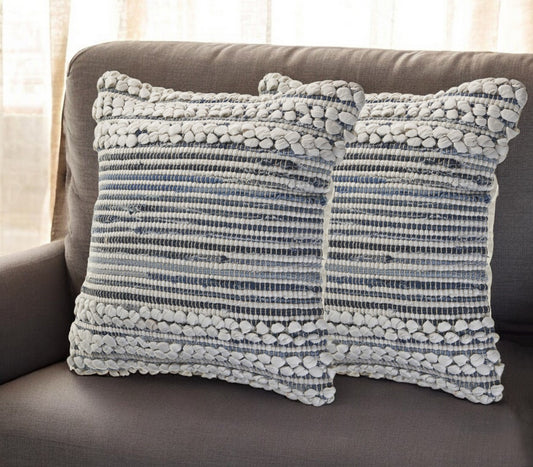 Set of Two Blue and Ivory Striped Cotton Throw Pillow