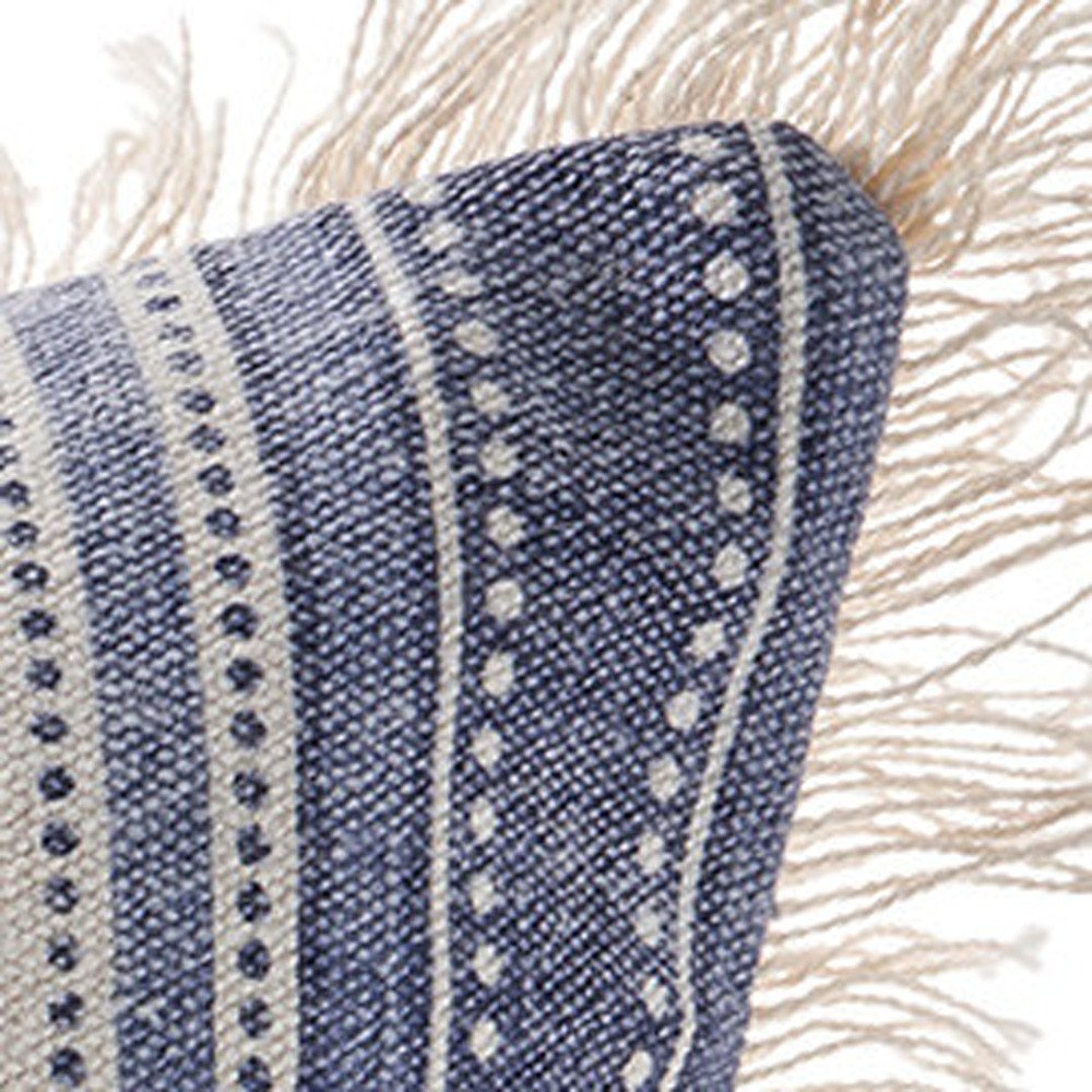 Set of Two 18" Blue and Cream Cotton Throw Pillows with Fringe — view 6
