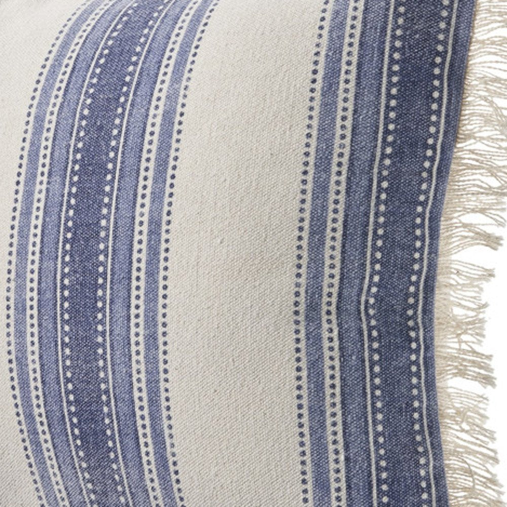 Set of Two 18" Blue and Cream Cotton Throw Pillows with Fringe — view 8