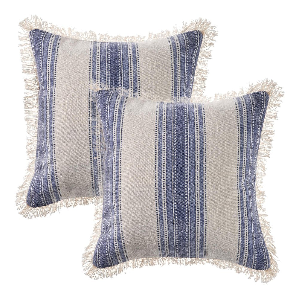 Set of Two 18" Blue and Cream Cotton Throw Pillows with Fringe — view 1