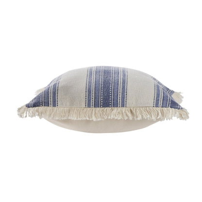 Set of Two 18" Blue and Cream Cotton Throw Pillows with Fringe