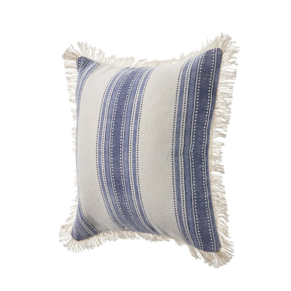 Set of Two 18" Blue and Cream Cotton Throw Pillows with Fringe — view 3