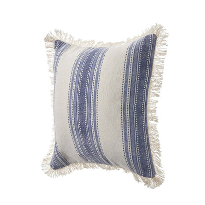 Set of Two 18" Blue and Cream Cotton Throw Pillows with Fringe