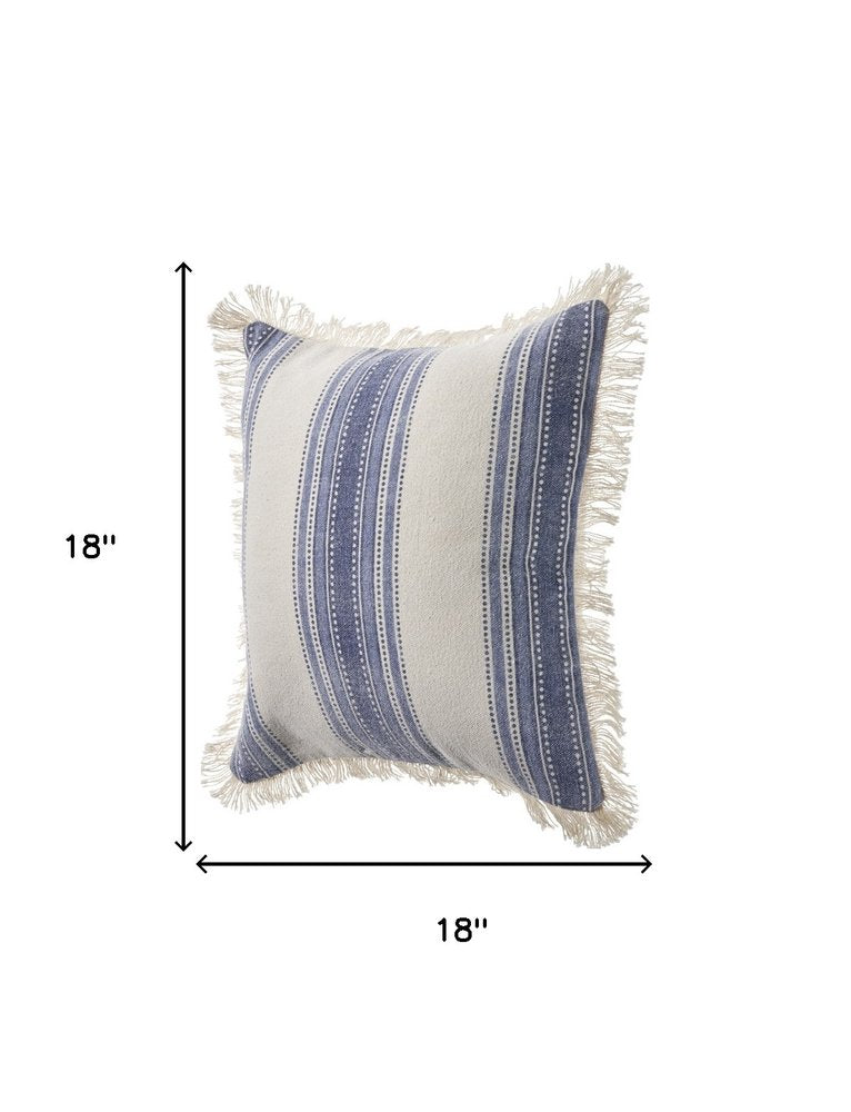 Set of Two 18" Blue and Cream Cotton Throw Pillows with Fringe — view 7