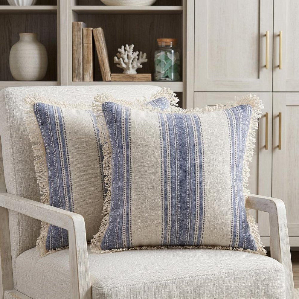 Set of Two 18" Blue and Cream Cotton Throw Pillows with Fringe — view 9