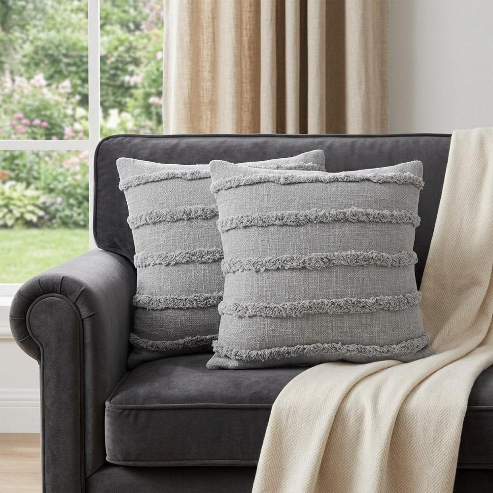 Set of Two Gray Ribbed Cotton Throw Pillow With Fringe — view 10