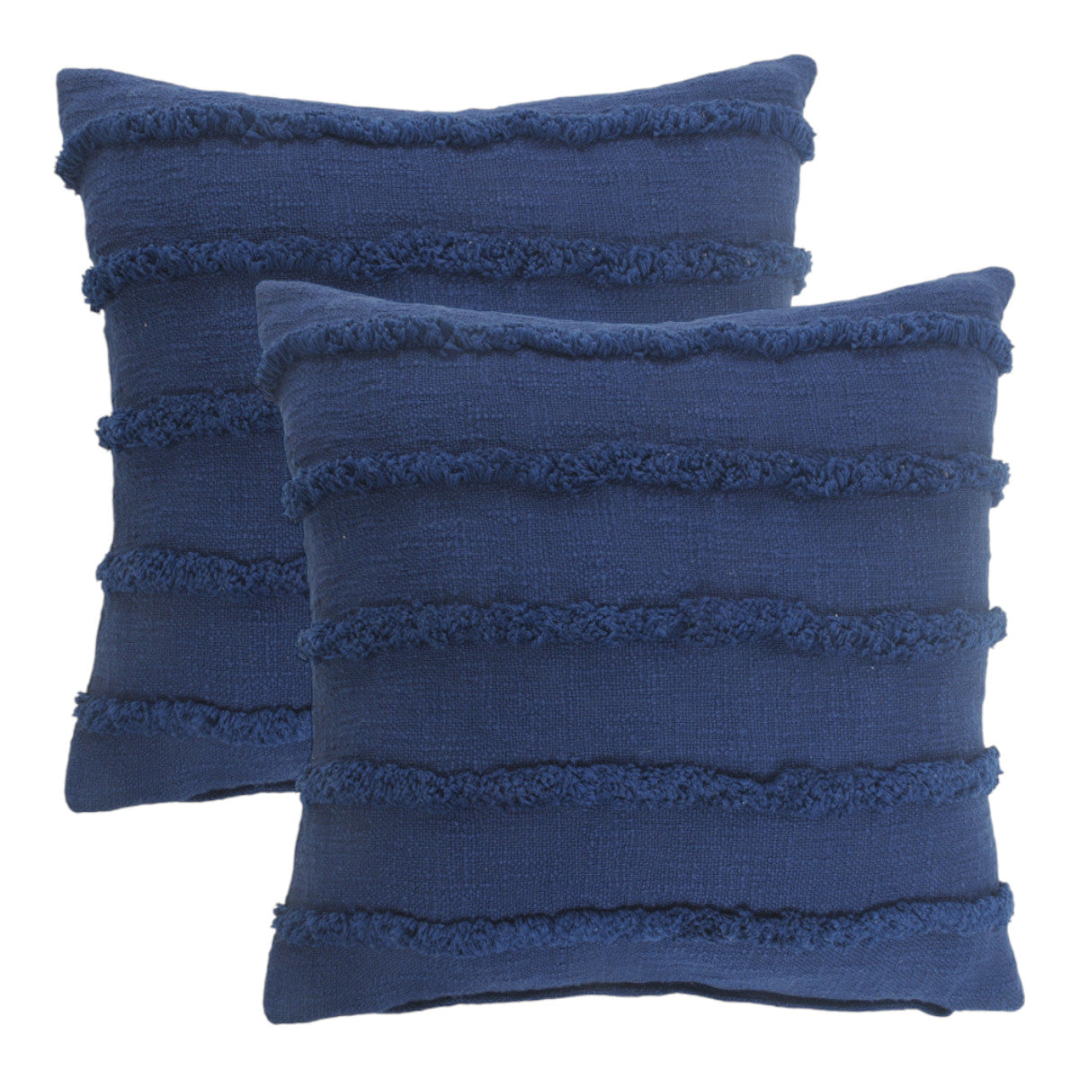 Set of Two Navy Blue Ribbed Cotton Throw Pillow With Fringe