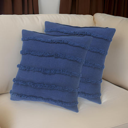 Set of Two Navy Blue Ribbed Cotton Throw Pillow With Fringe