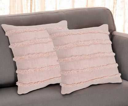 Set of Two Pink Ribbed Cotton Throw Pillows With Fringe