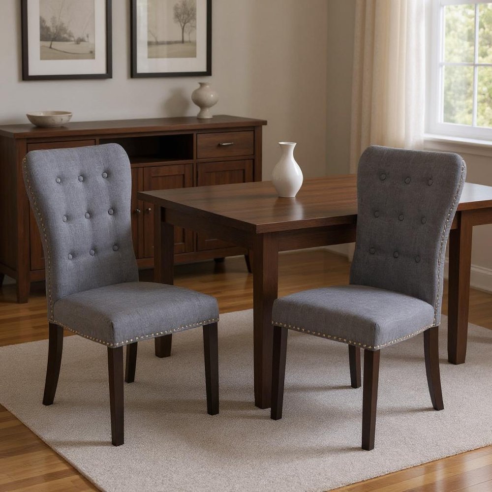 Set of Two Gray and Brown Fabric And Wood Dining Side Chairs HomeRoots