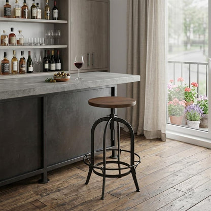 Brown And Black Solid Wood And Metal Backless Adjustable Height Swivel Bar Chair HomeRoots