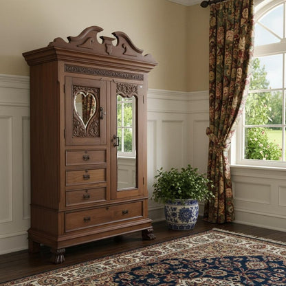 53" Brown Reclaimed Wood Carved Scrollwork Accent Cabinet With Two Doors And Four Drawers HomeRoots