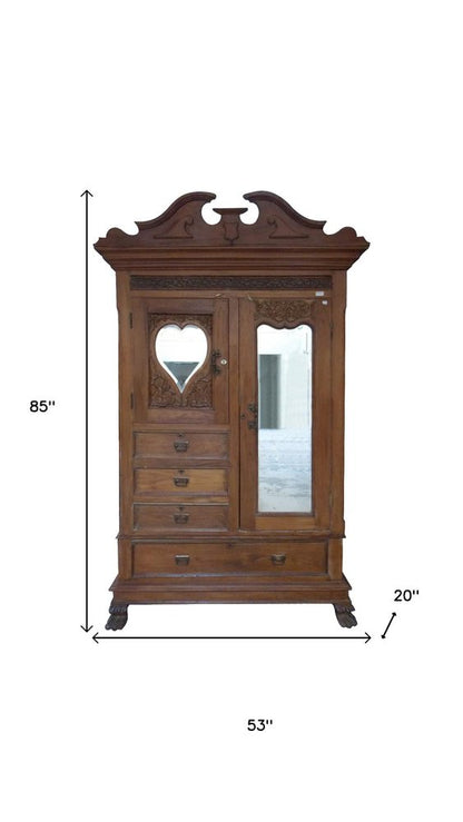 53" Brown Reclaimed Wood Carved Scrollwork Accent Cabinet With Two Doors And Four Drawers HomeRoots