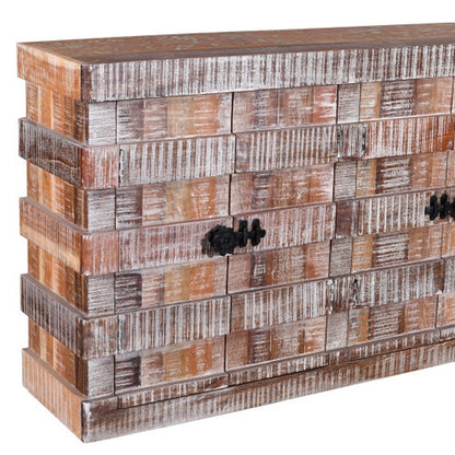 60" Brown And White Distressed Reclaimed Wood Paneled Sideboard With Four Doors HomeRoots