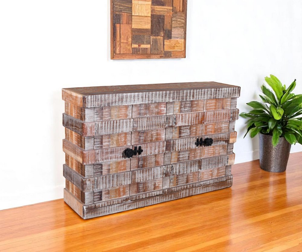 60" Brown And White Distressed Reclaimed Wood Paneled Sideboard With Four Doors