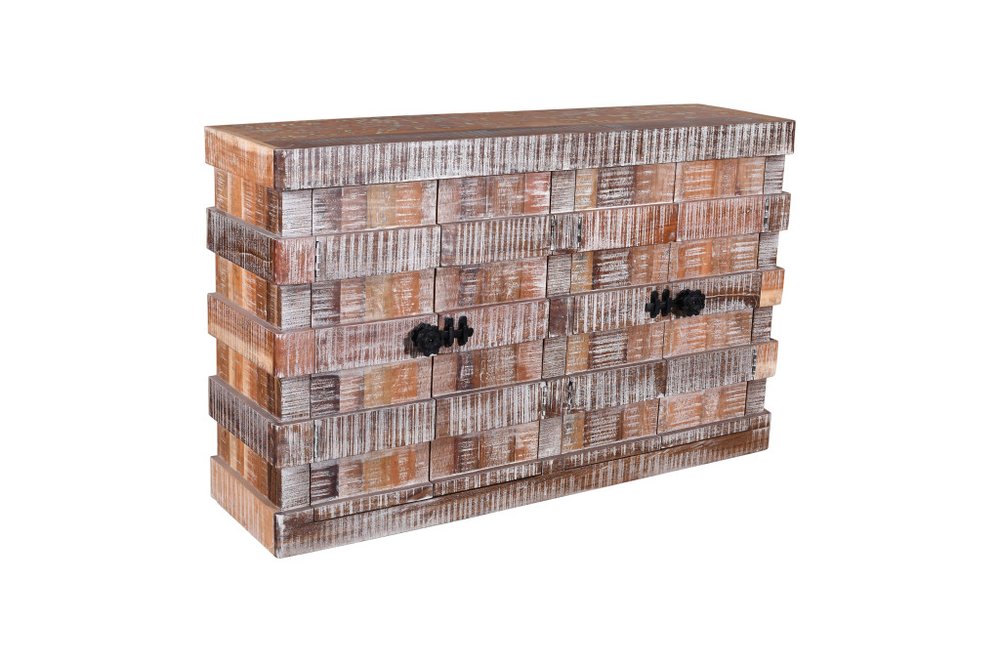 60" Brown And White Distressed Reclaimed Wood Paneled Sideboard With Four Doors HomeRoots