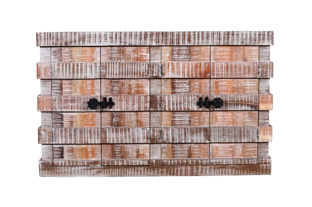 60" Brown And White Distressed Reclaimed Wood Paneled Sideboard With Four Doors