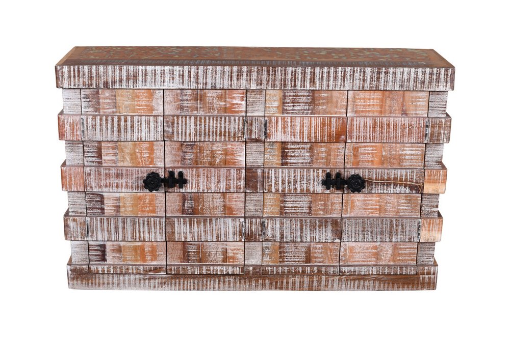 60" Brown And White Distressed Reclaimed Wood Paneled Sideboard With Four Doors
