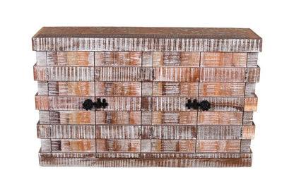 60" Brown And White Distressed Reclaimed Wood Paneled Sideboard With Four Doors