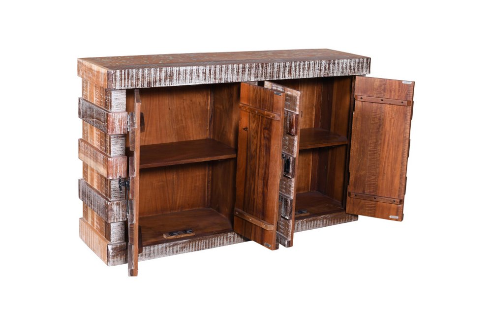 60" Brown And White Distressed Reclaimed Wood Paneled Sideboard With Four Doors — view 4