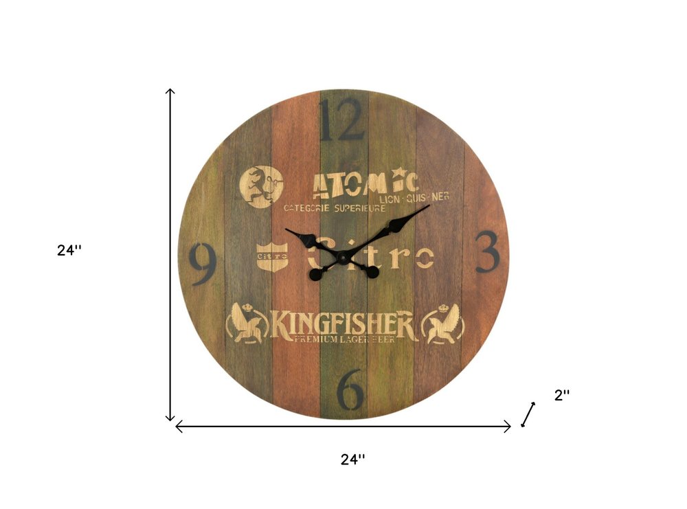 24" Brown Solid Wood Silent Analog Round Wall Clock HomeRoots