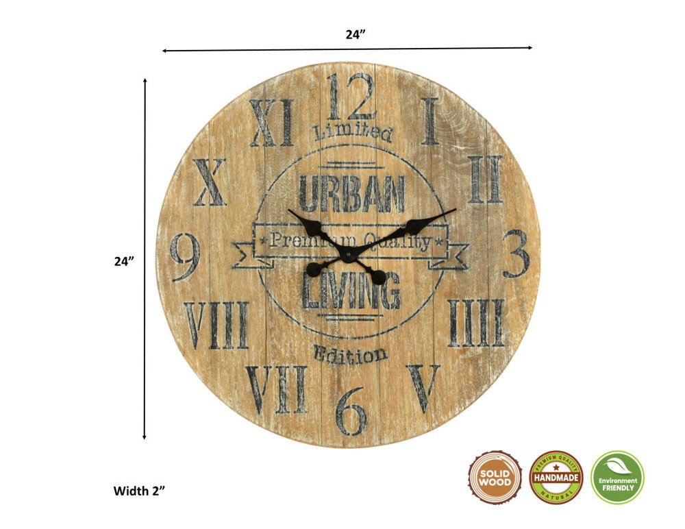 24" Natural Distressed Solid Wood Silent Analog Round Wall Clock HomeRoots
