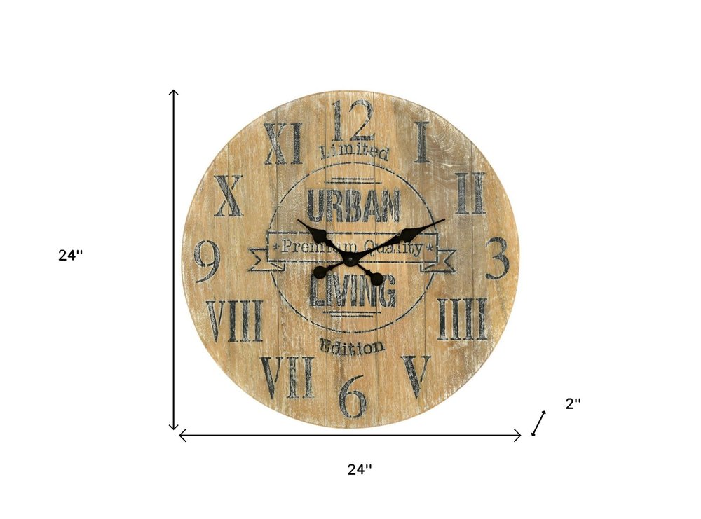 24" Natural Distressed Solid Wood Silent Analog Round Wall Clock HomeRoots