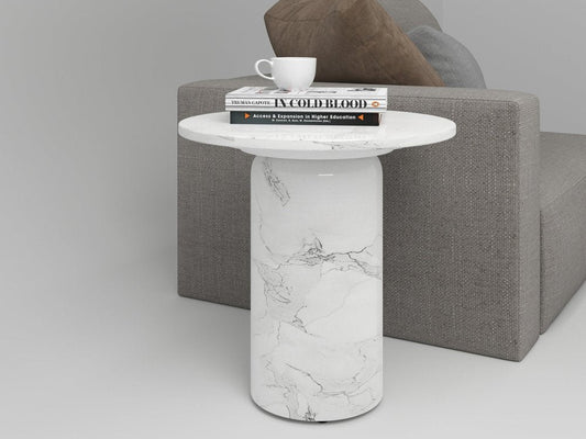 16" White Marble and Wood Round Pedestal End Table HomeRoots