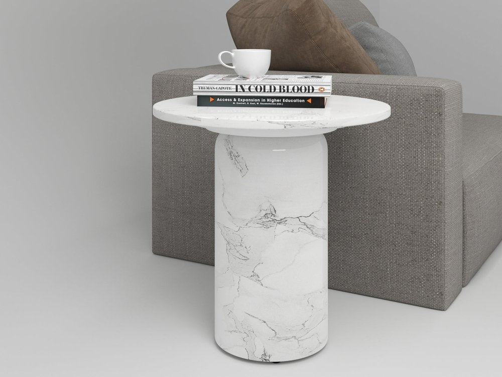 16" White Marble and Wood Round Pedestal End Table HomeRoots
