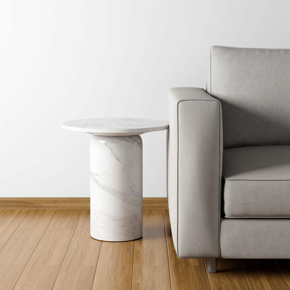 16" White Marble and Wood Round Pedestal End Table HomeRoots