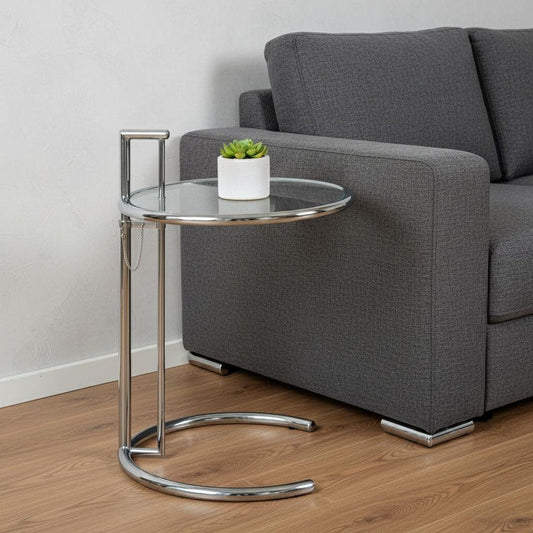 25" Silver And Clear Metal And Glass Height Adjustable Round End Table HomeRoots
