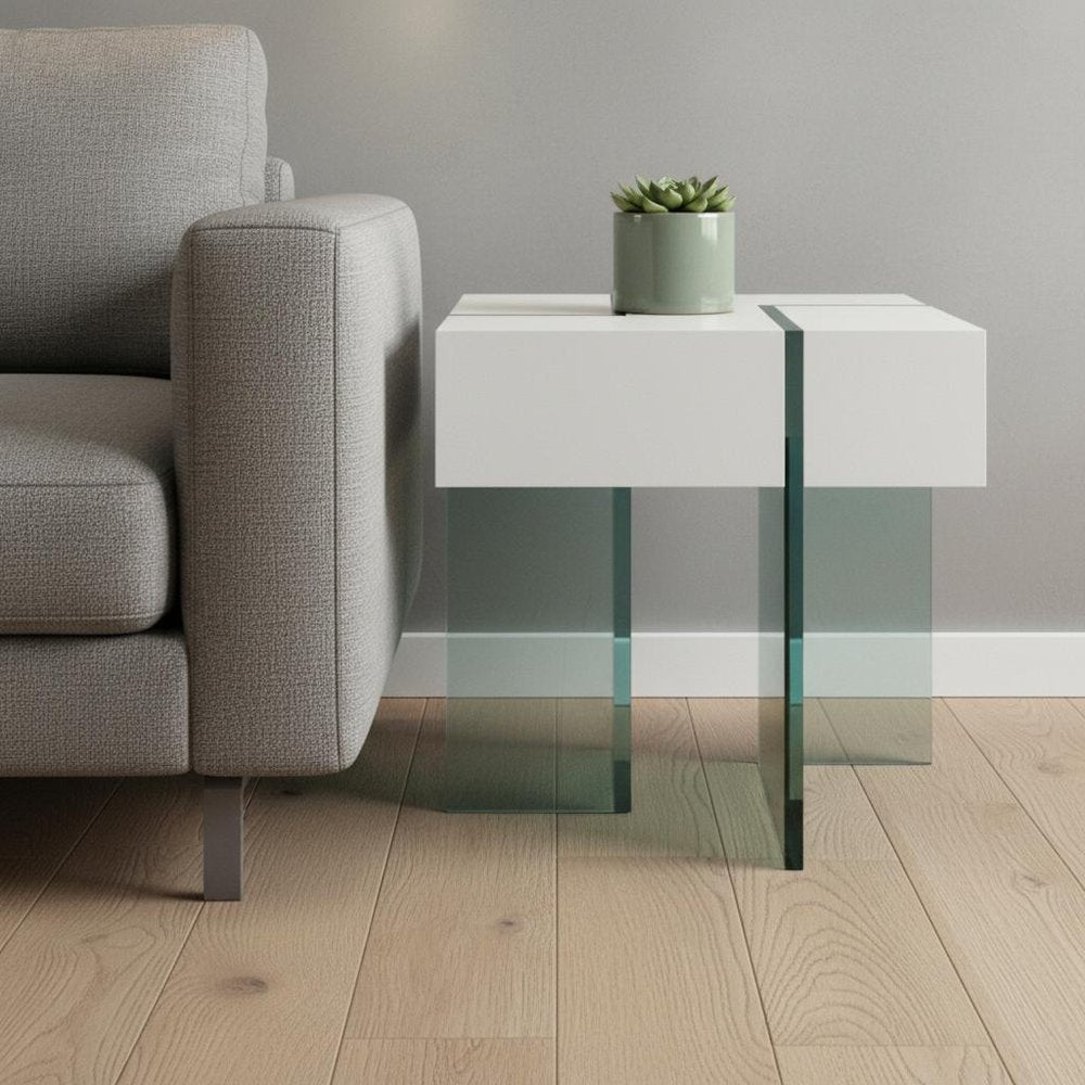 22" White And Clear Wood And Glass Square Sled End Table HomeRoots