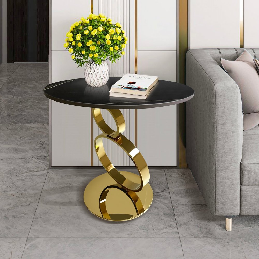 21" Black And Gold Stone And Stainless Steel Round Pedestal End Table HomeRoots