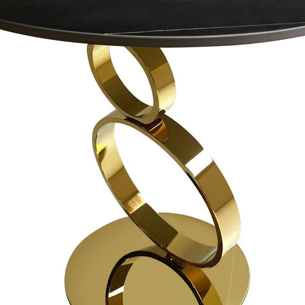 21" Black And Gold Stone And Stainless Steel Round Pedestal End Table HomeRoots