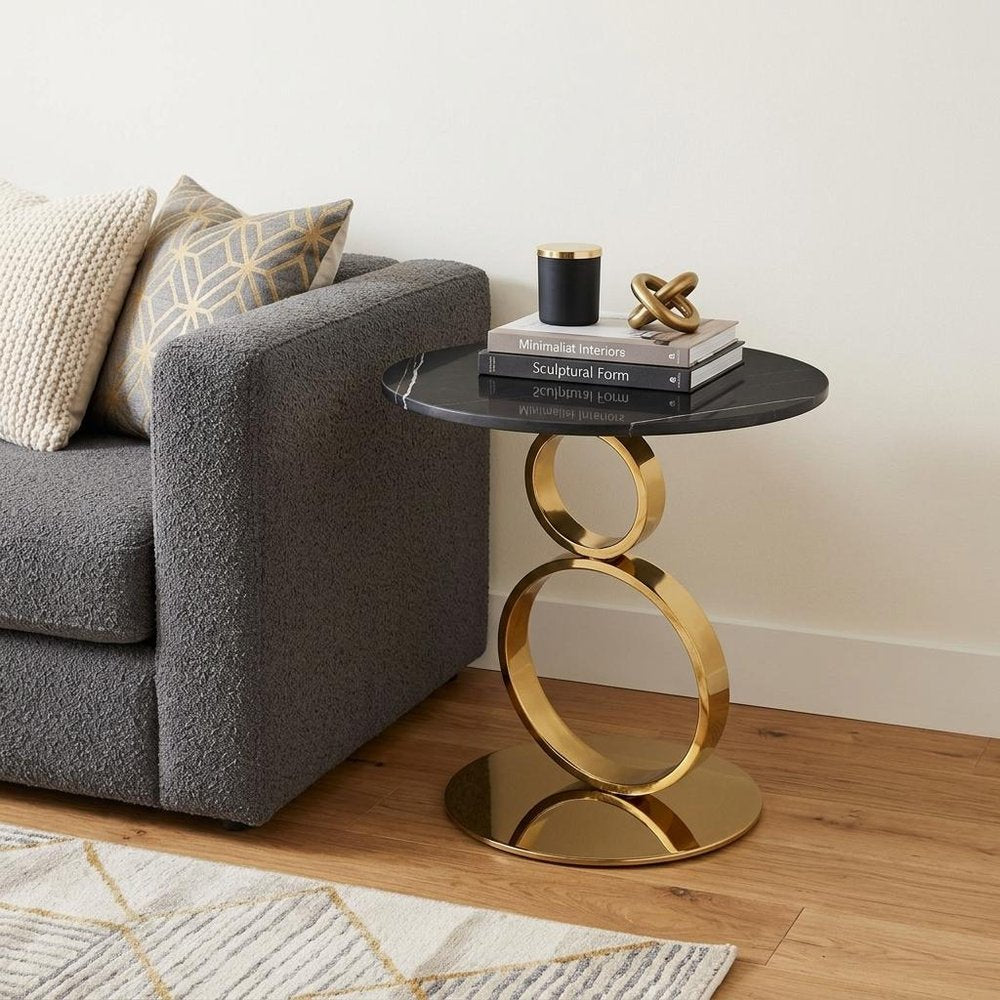 21" Black And Gold Stone And Stainless Steel Round Pedestal End Table HomeRoots