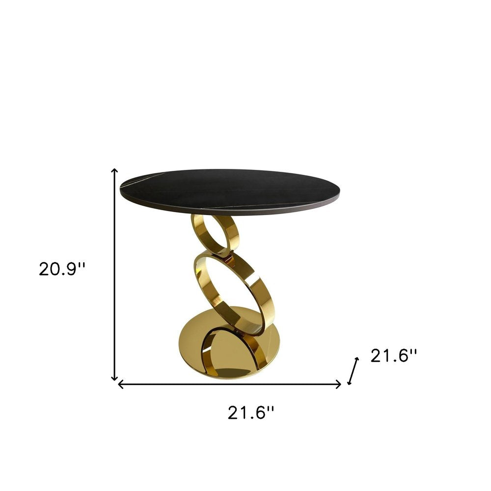 21" Black And Gold Stone And Stainless Steel Round Pedestal End Table HomeRoots