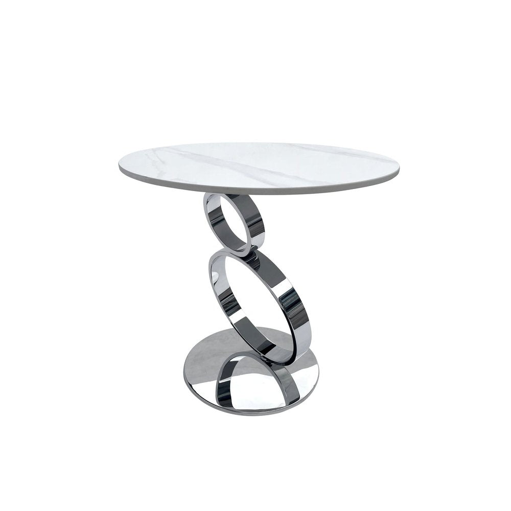 21" White And Silver Stone And Stainless Steel Round Pedestal End Table HomeRoots