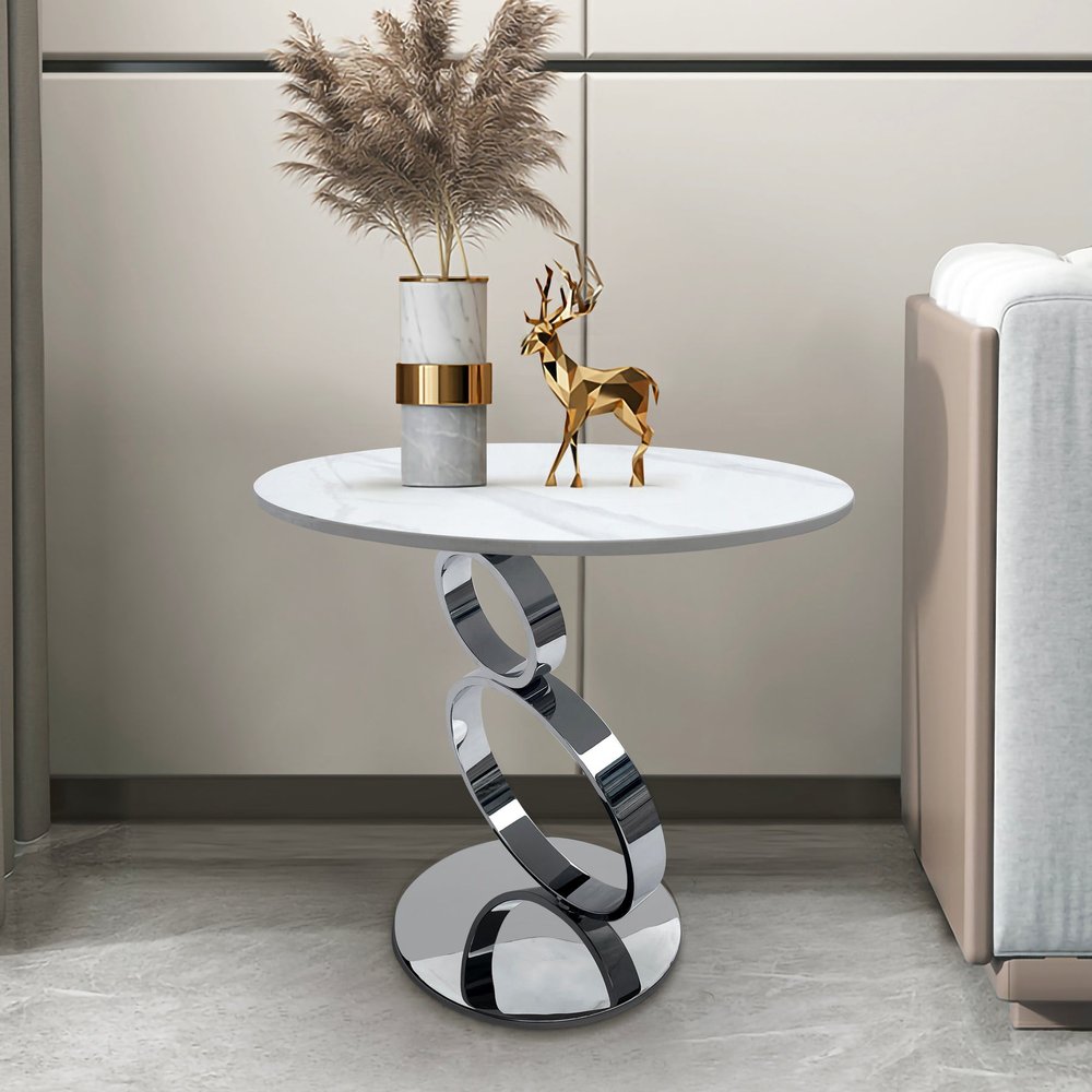 21" White And Silver Stone And Stainless Steel Round Pedestal End Table HomeRoots