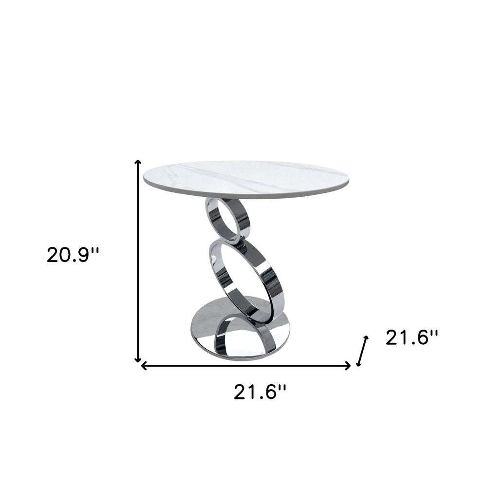 21" White And Silver Stone And Stainless Steel Round Pedestal End Table HomeRoots