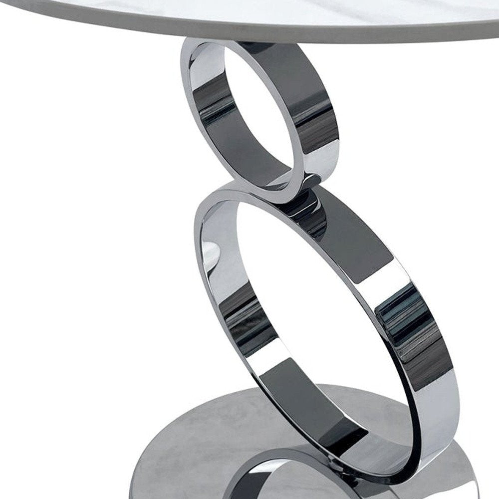 21" White And Silver Stone And Stainless Steel Round Pedestal End Table HomeRoots