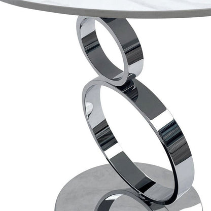 21" White And Silver Stone And Stainless Steel Round Pedestal End Table HomeRoots