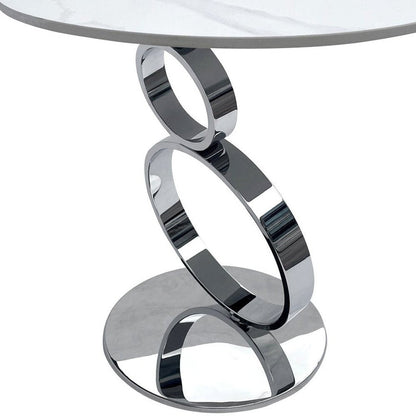 21" White And Silver Stone And Stainless Steel Round Pedestal End Table HomeRoots