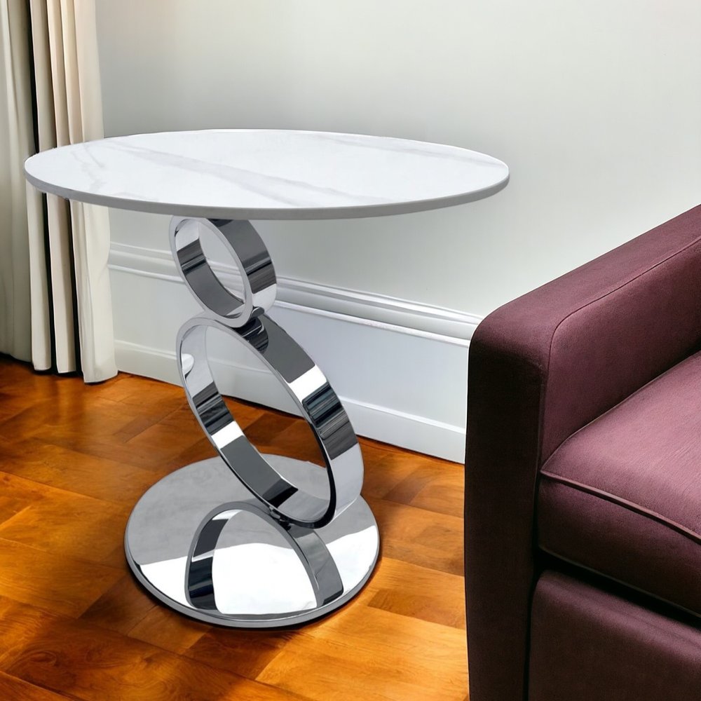 21" White And Silver Stone And Stainless Steel Round Pedestal End Table HomeRoots