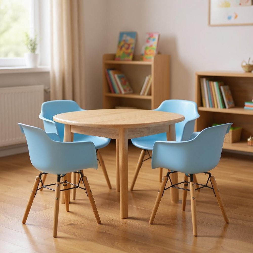Set Of Four Blue And Brown Heavy Duty Plastic And Wood Juvenile Side Chairs HomeRoots