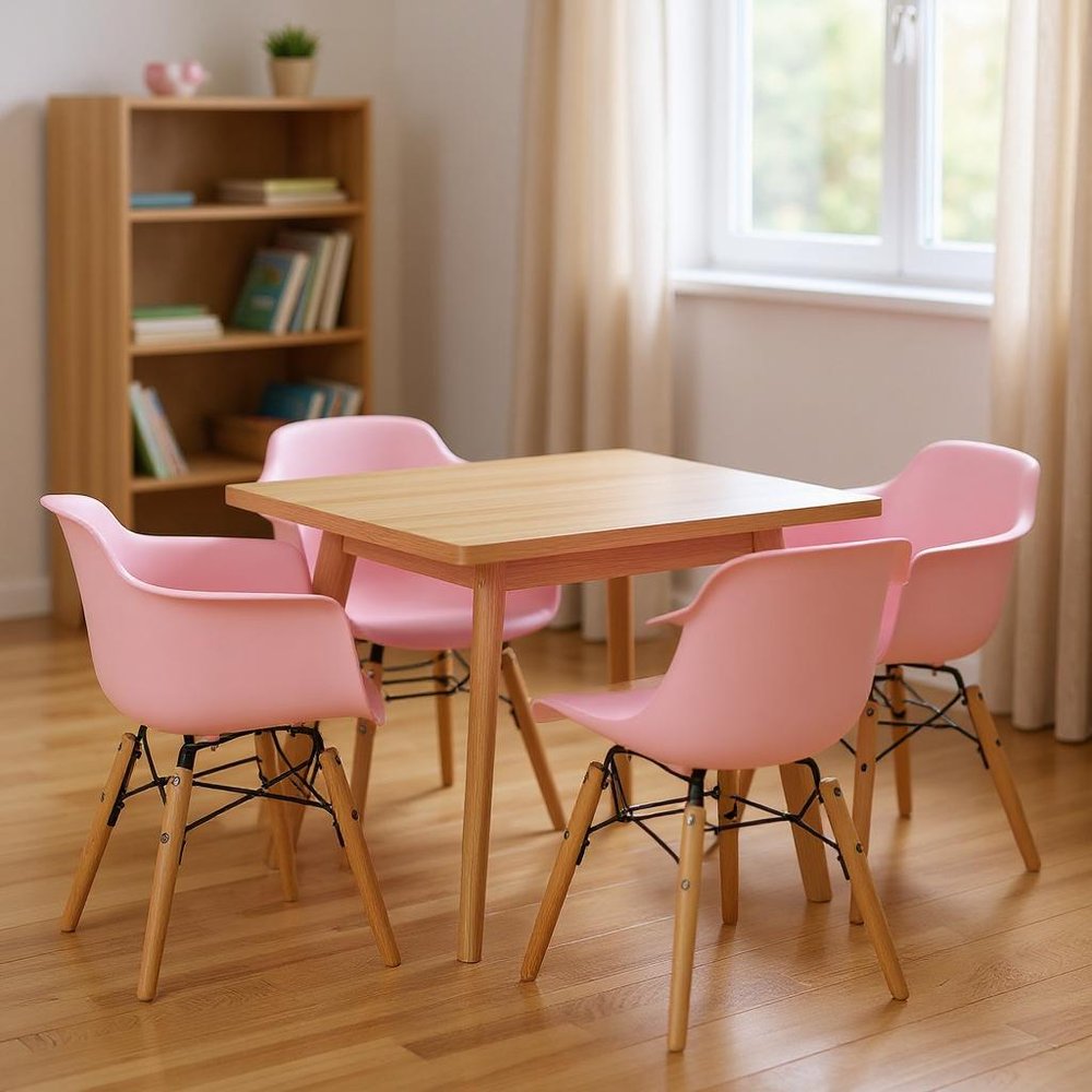 Set Of Four Pink And Brown Heavy Duty Plastic And Wood Juvenile Side Chairs HomeRoots
