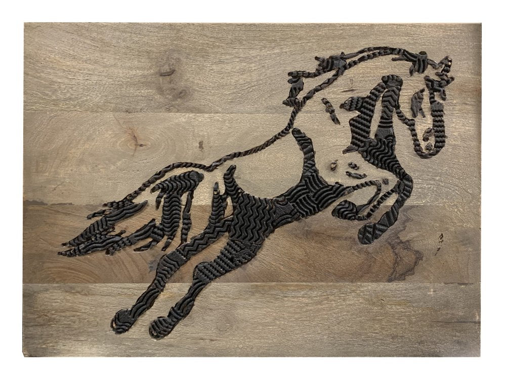 19" X 24" Black And Brown Horse Solid Wood Hanging Dimensional Sculpture — view 1