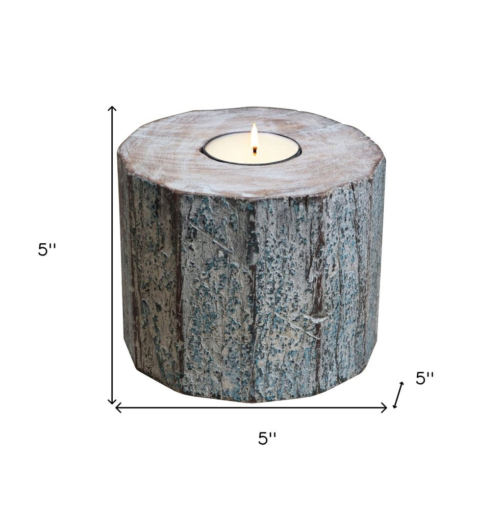 5" Brown And White Solid Wood Tabletop Tealight Candle Holder HomeRoots