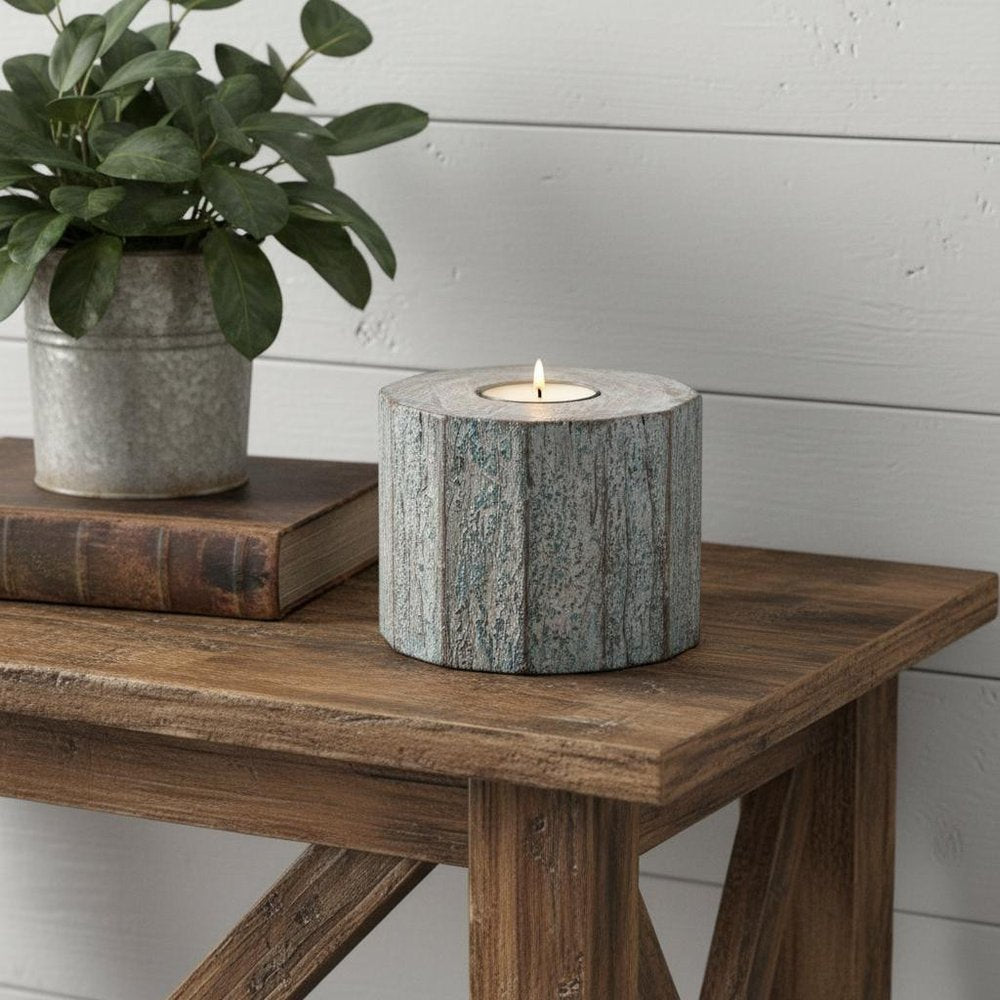 5" Brown And White Solid Wood Tabletop Tealight Candle Holder HomeRoots