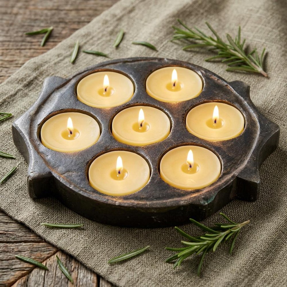 10" Black Cement Seven Tealight Round Candle Holder — view 12